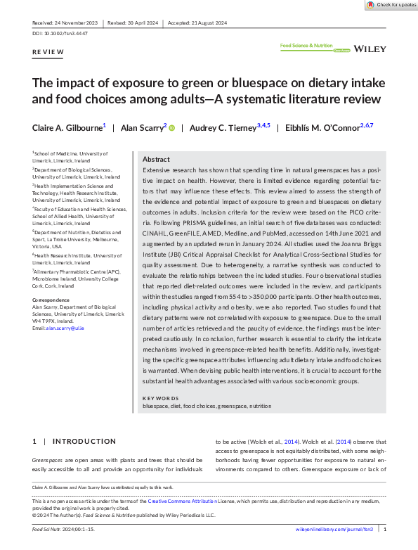 The impact of exposure to green or bluespace on dietary intake and food choices among adults—A systematic literature review
