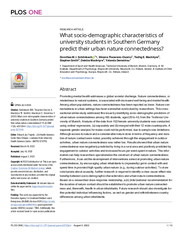 What socio-demographic characteristics of university students in Southern Germany predict their urban nature connectedness?
