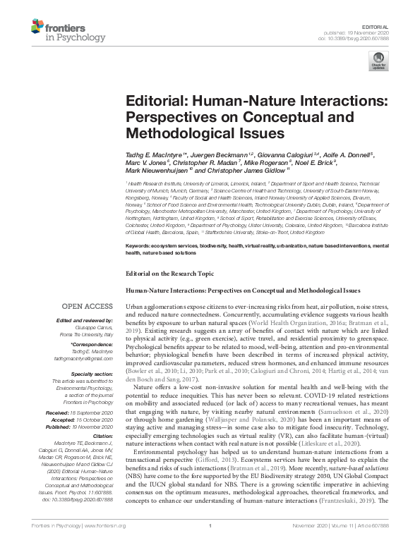 Editorial Article on Human-Nature Interactions: Perspectives on Conceptual and Methodological Issues
