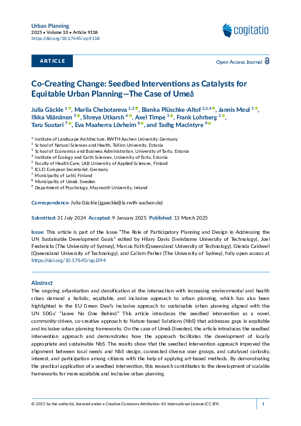 Co-Creating Change: Seedbed Interventions as Catalysts for Equitable Urban Planning—The Case of Umeå